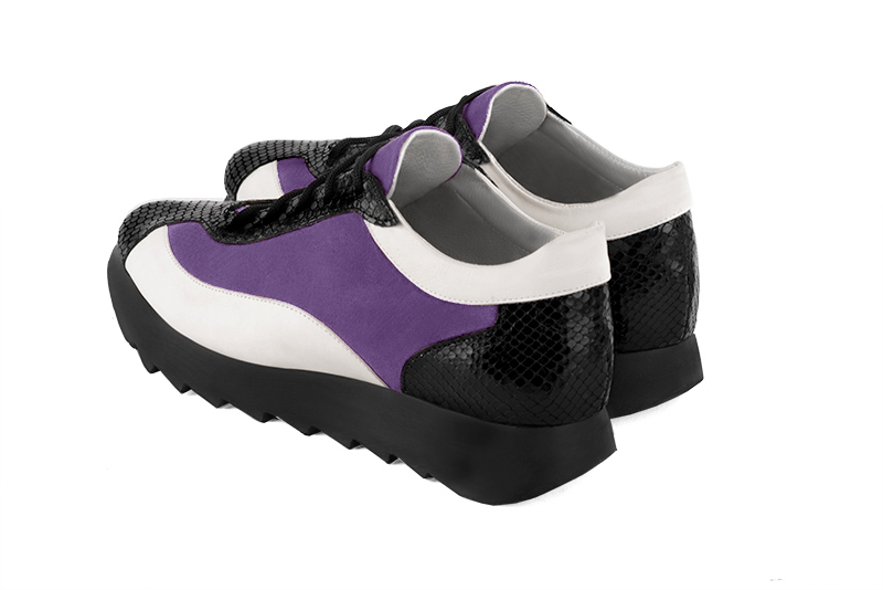 Satin black, amethyst purple and off white women's elegant sneakers. Round toe. Low rubber soles. Rear view - Florence KOOIJMAN